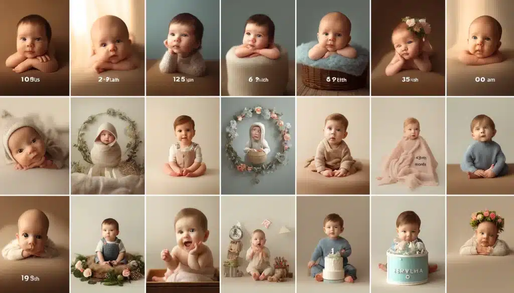 Baby's first year development stages in newborn photography settings.