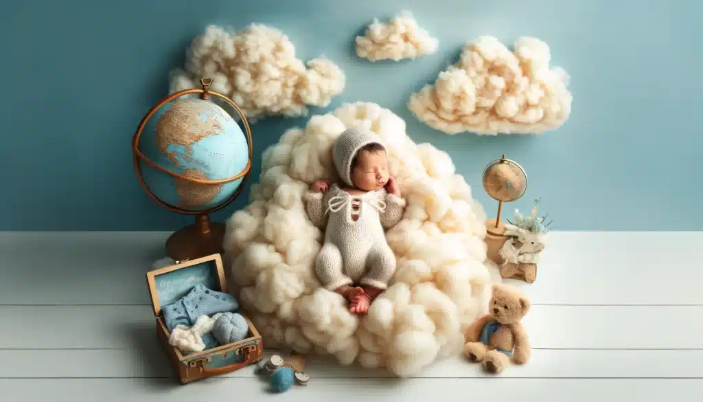 Newborn photo shoot with soft knit romper and explorer theme props.
