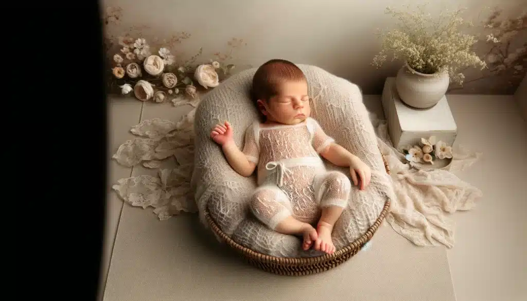 Newborn in white outfit on lace blanket, showcasing soft patterns.