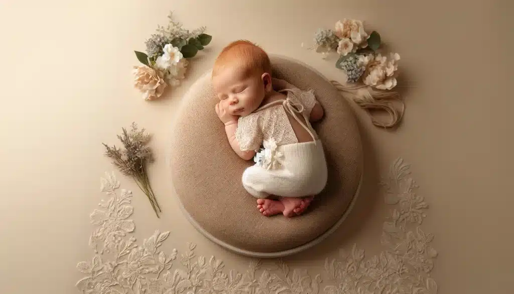 Newborn in white outfit on lace blanket, showcasing soft patterns.