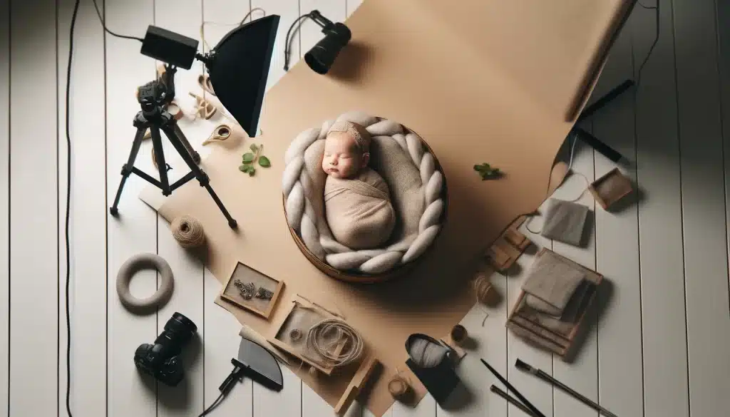 A serene scene with a sleeping infant, surrounded by softbox lights and camera equipment.