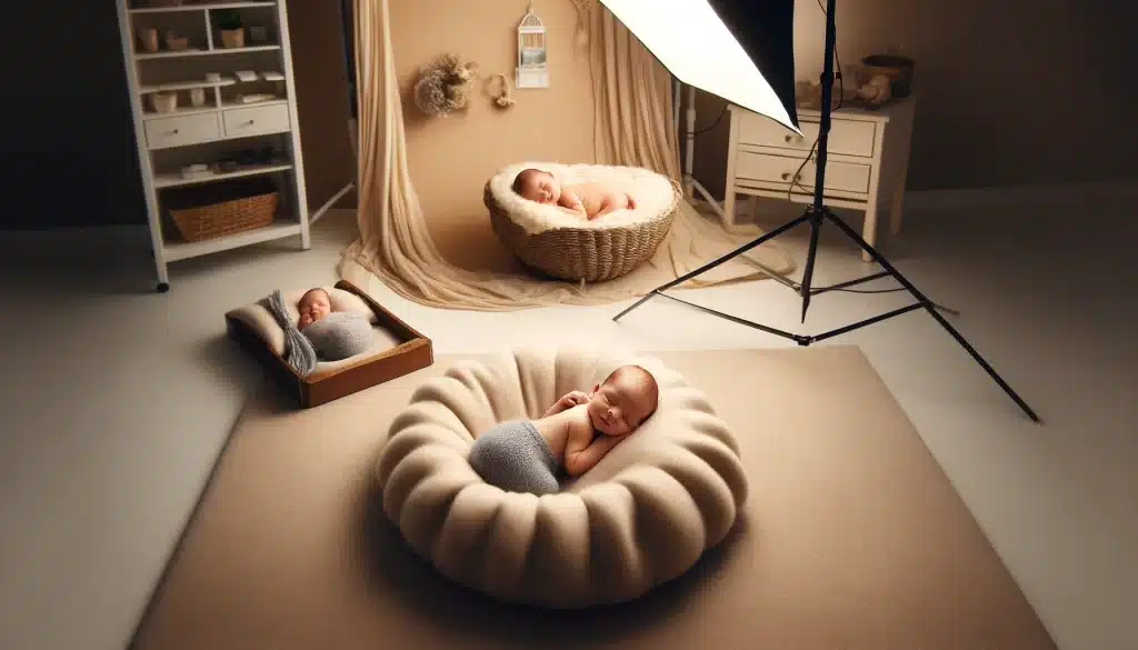 Newborn photo session with baby on back and curled on side.