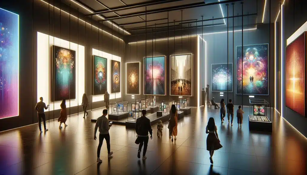 Visitors in a modern art gallery viewing NFT artworks displayed on large digital screens.