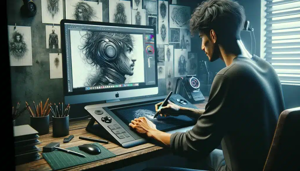 An NFT artist concentrated on creating a detailed artwork on their computer using a drawing tablet