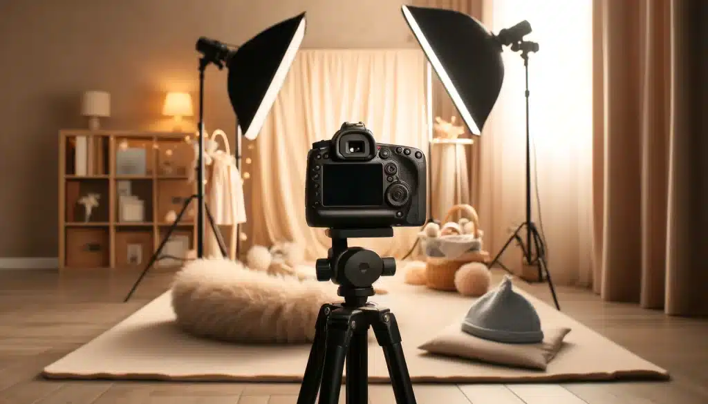 Newborn photography equipment setup with camera on tripod and soft lighting.