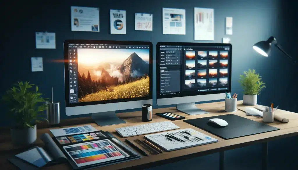 Digital marketing workspace with dual monitors showing image optimization for web and print.