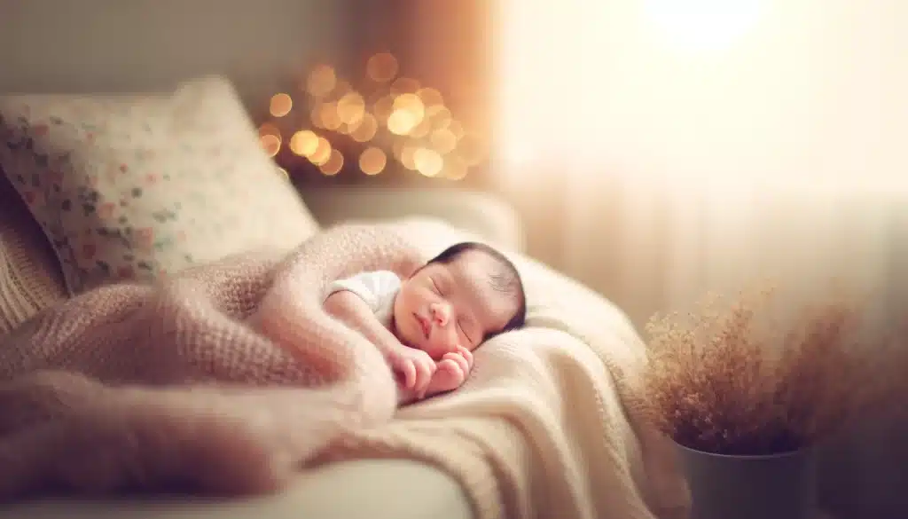 Infant sleeping in a soft knit blanket surrounded by gentle natural light.