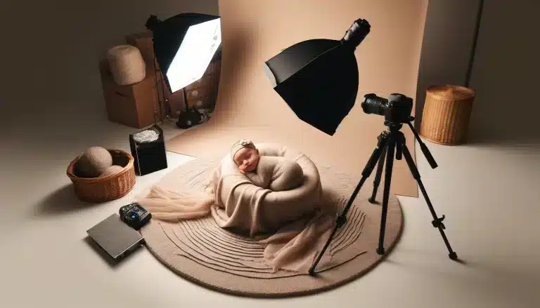 An intimate setting showing a sleeping infant enveloped in a gentle setup with photographic equipment.