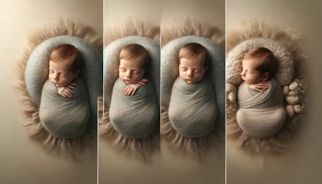 Three swaddle poses for newborns: Basic Bun, Hands-on-Heart, and Side Sleeper.