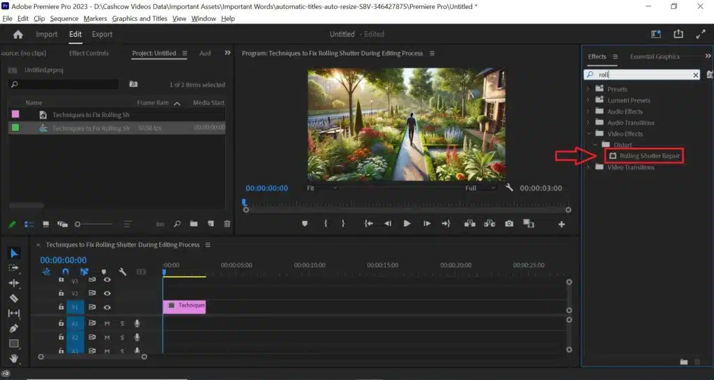 A screenshot of the Adobe Premiere Pro interface showing techniques to fix rolling shutter during the editing process, with the "Rolling Shutter Repair" effect highlighted.
