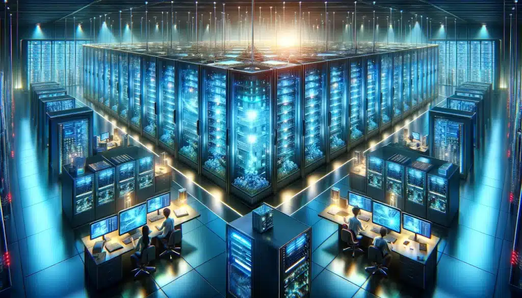Technicians monitor a futuristic NFT blockchain data center with rows of illuminated server racks.