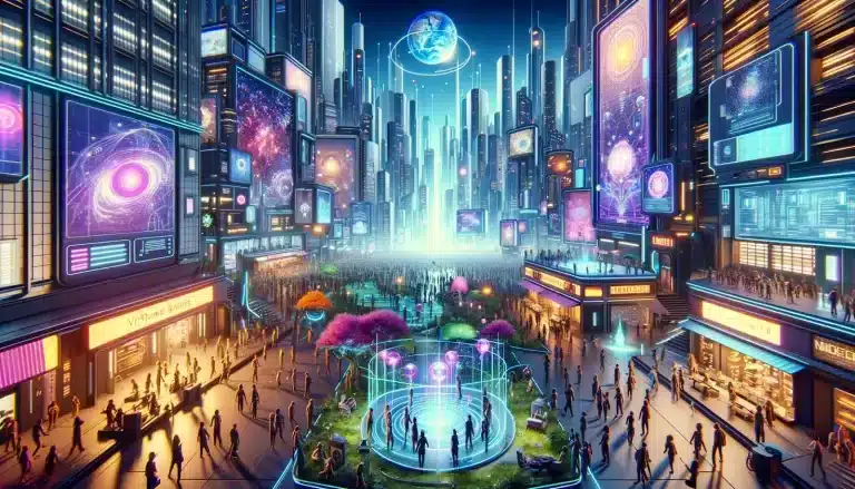 A bustling, futuristic city in the metaverse with avatars exploring NFT displays and interactive art installations under a holographic planet.