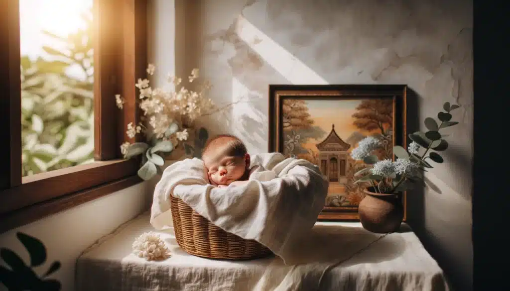 Newborn asleep in a basket with white linens under natural light.