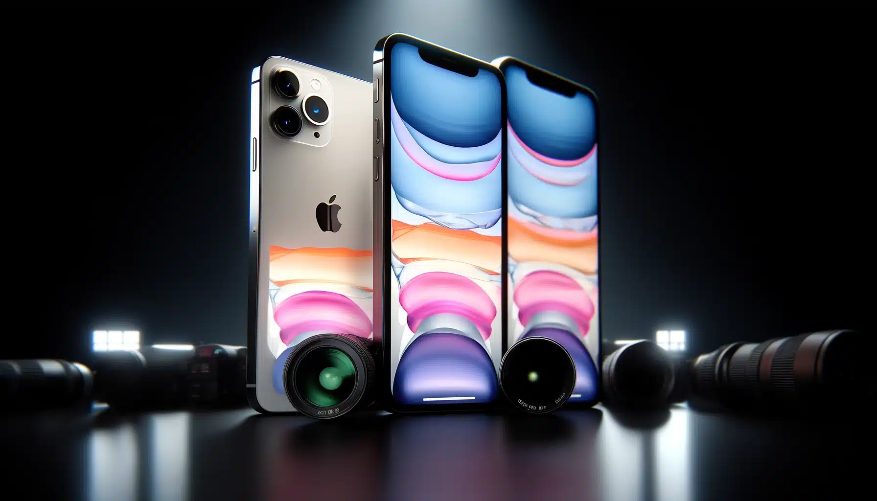 Photograph of iPhone 16, 16 Pro, and 16 Pro Max highlighting their advanced camera features, including telephoto lenses and macro photography capabilities.