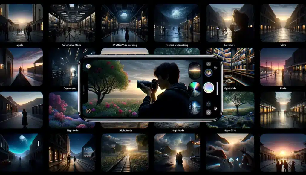 iPhone 16 Pro showcasing various camera features including Cinematic Mode, ProRes Video Recording, Photographic Styles, Night Mode, and Sensor-Shift Optical Image Stabilization.