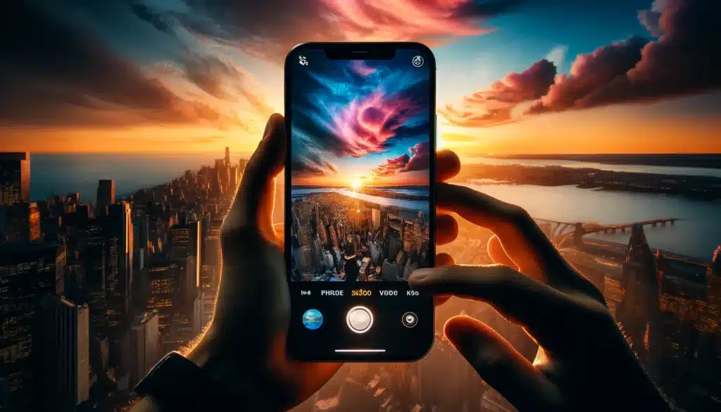iPhone 16 Pro capturing a stunning sunset over a cityscape, showcasing its advanced camera capabilities.