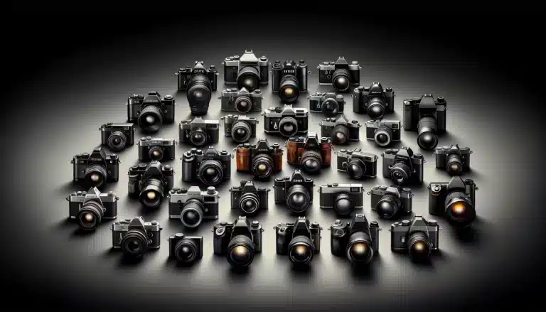 Collection of cameras from vintage film models to modern digital SLRs and mirrorless systems on a gradient background.