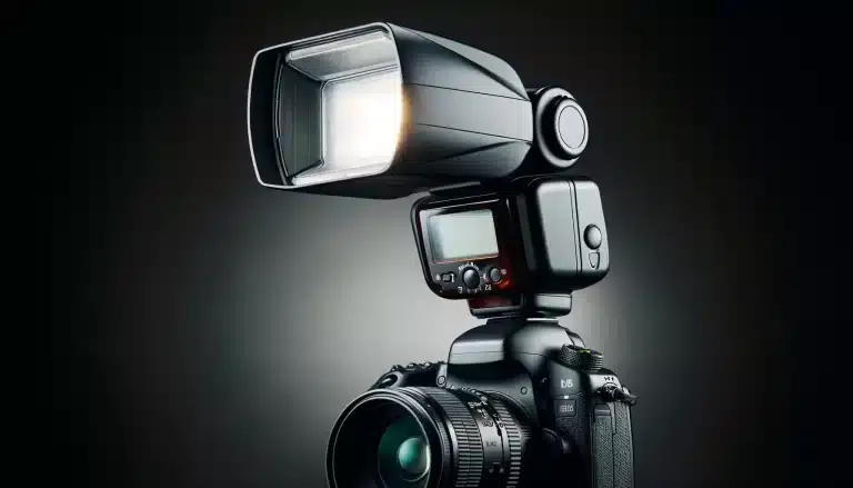Professional speedlight mounted on a camera for enhanced lighting