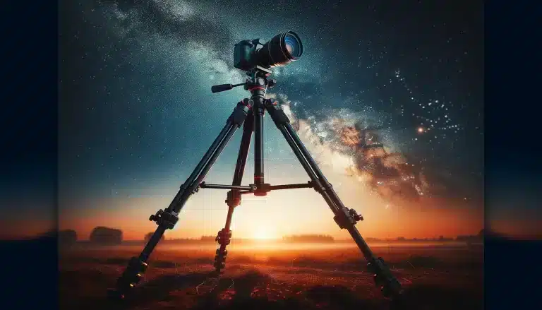 A sturdy tripod set up outdoors for astrophotography and long exposures