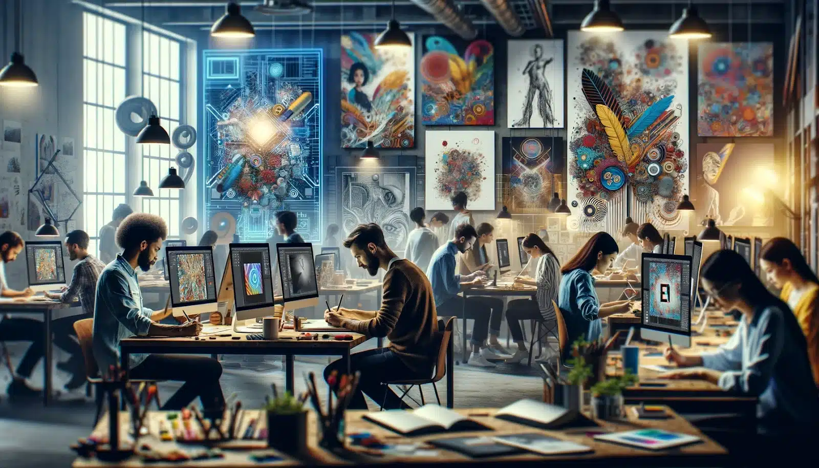 Artists and designers immersed in a creative workshop, utilizing Adobe AI on tablets and computers, surrounded by vibrant digital art and sket
