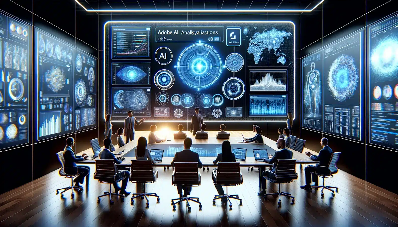 Advanced conference room with professionals using Adobe AI for data analysis, featuring futuristic technology and holographic data projections