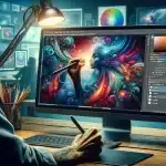 Graphic designer using Photoshop Beta on a widescreen monitor, illustrating the software's advanced features and creative potential