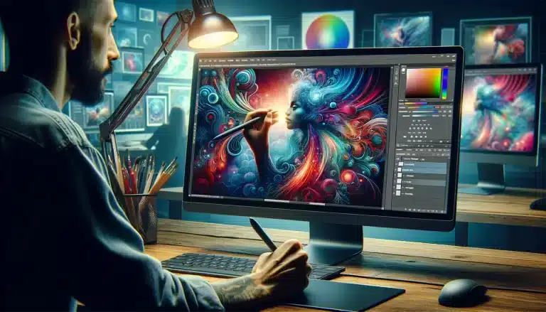 Graphic designer using Photoshop Beta on a widescreen monitor, illustrating the software's advanced features and creative potential
