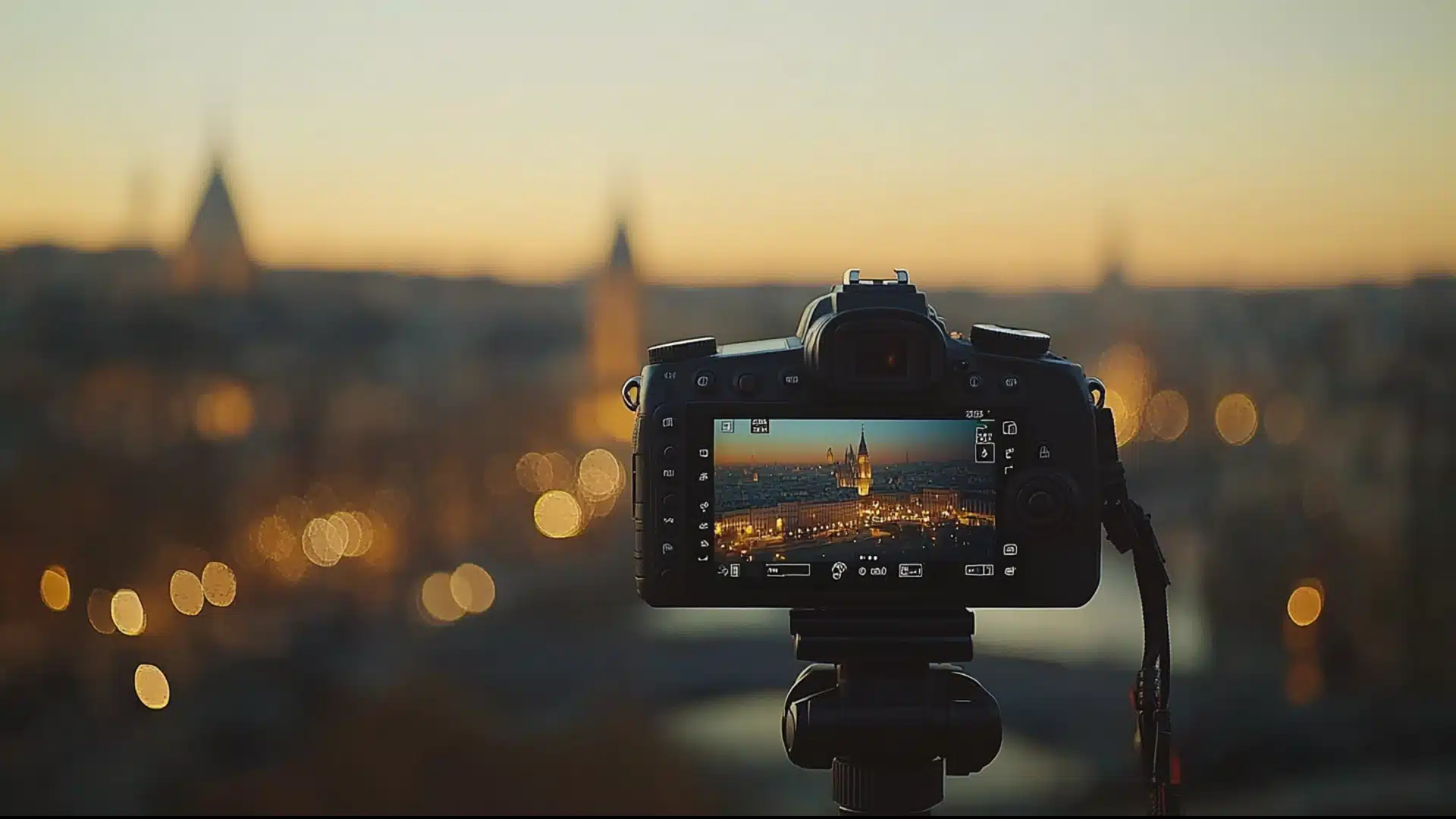 Digital camera on a tripod capturing a stunning cityscape during sunset, perfect for those looking to learn photography