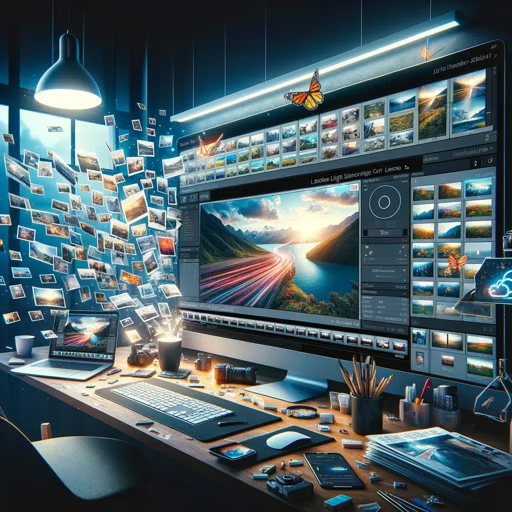 Photographer's desktop with Adobe Lightroom interface