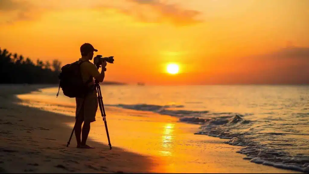 Photographer catching a sunset on a beach, with a camera mounted on a tripod capturing the vibrant colors of the setting sun