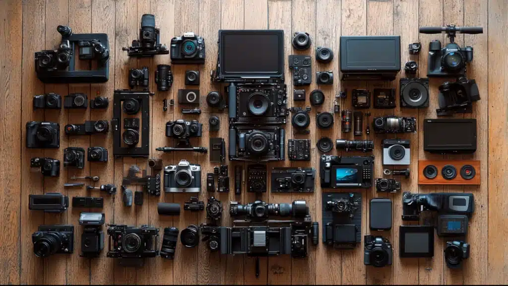 Extensive collection of photography equipment neatly arranged on a wooden floor, including cameras, lenses, and other accessories