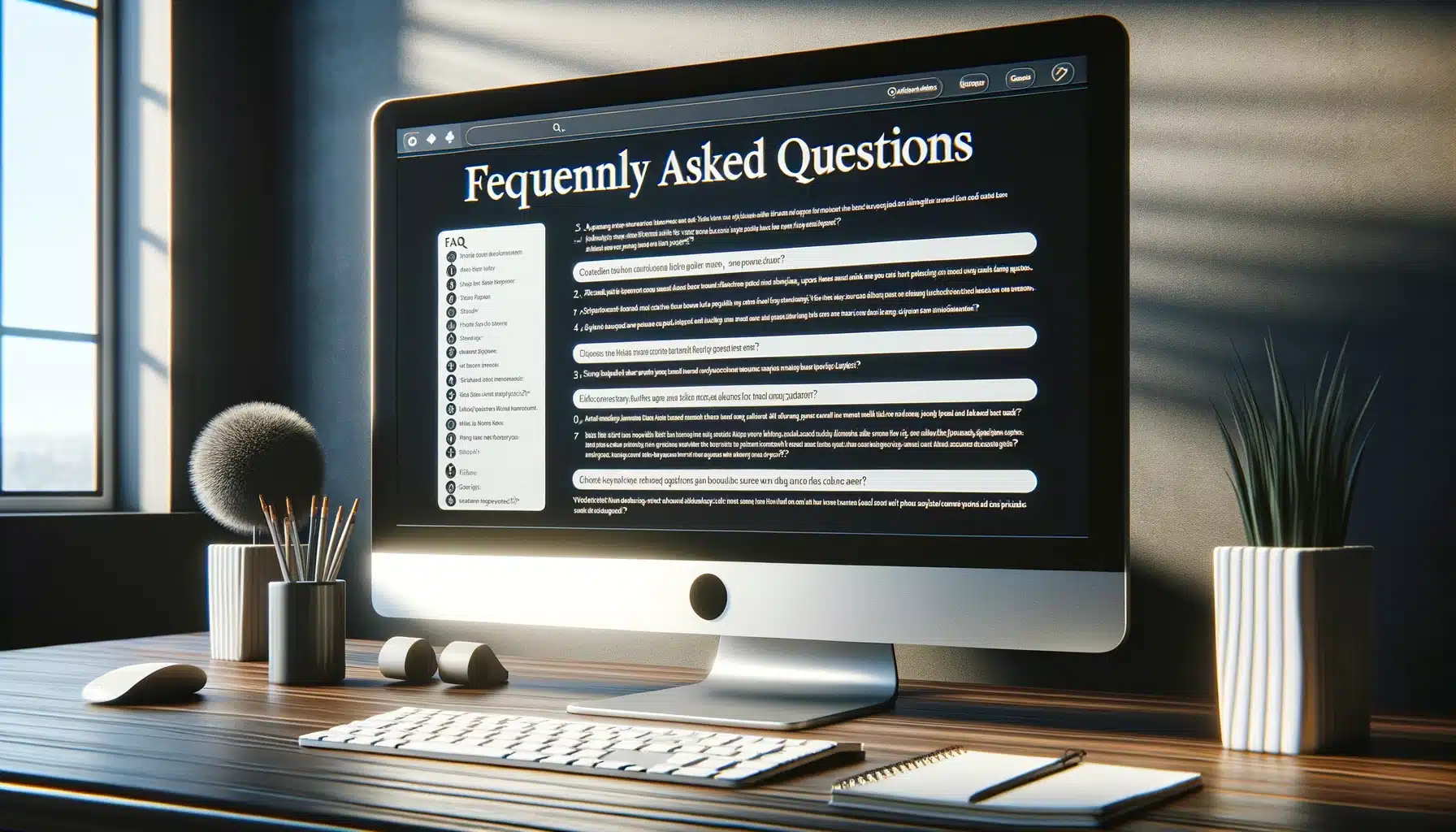 Computer monitor in an office displaying an FAQ section with a list of questions and answers.