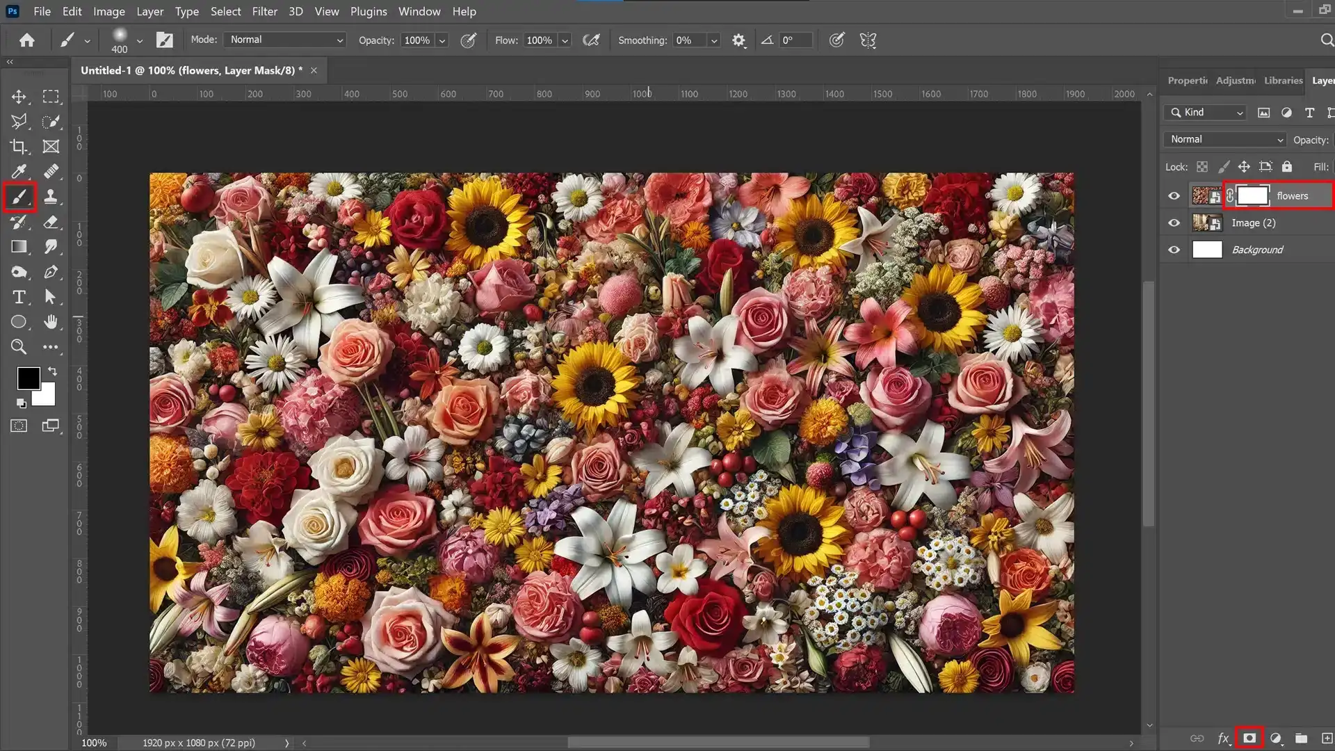 Photoshop interface showing a vibrant floral image with a non-destructive overlay applied, highlighting the selection of the overlay tool.
