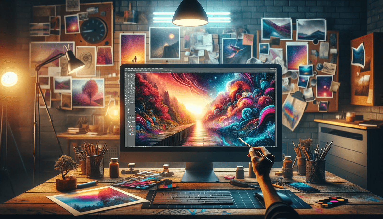An artist in a studio applying mask tool photoshop skills to a surreal landscape, showcasing the blend of reality and imagination.