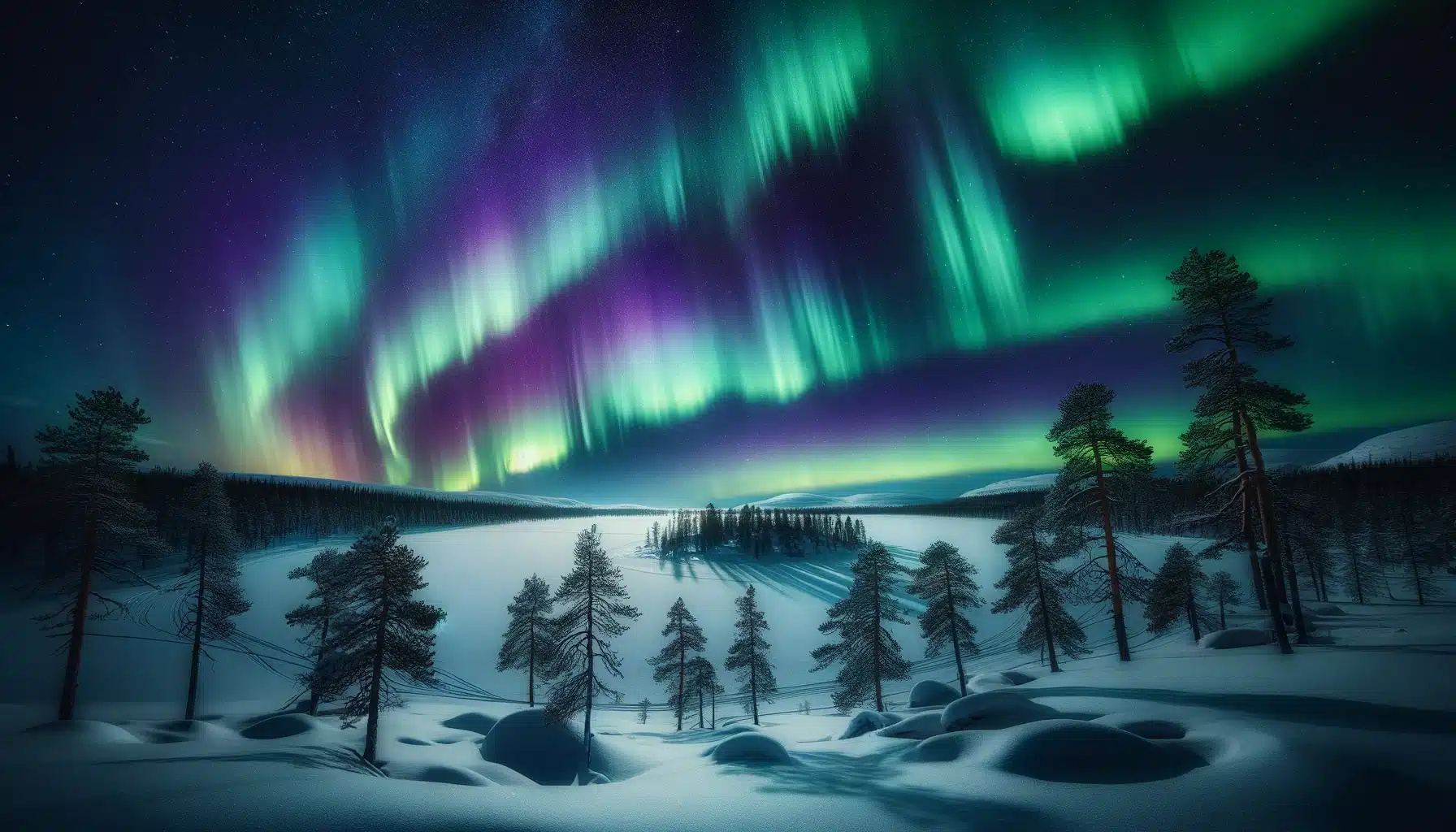 Extensive subjection photograph capturing the Northern Lights over a snowy landscape with pine trees and a frozen lake.