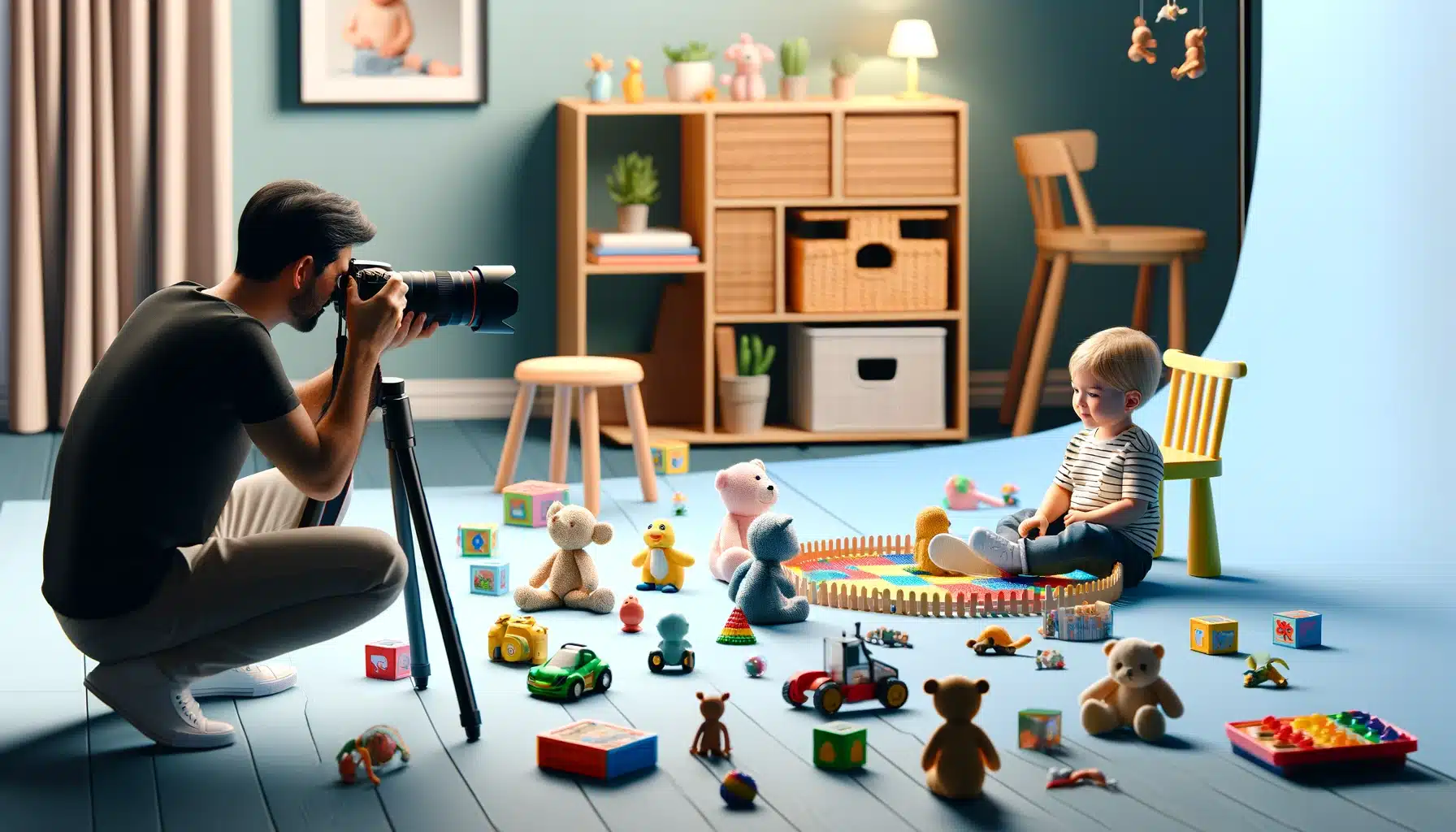 Photography session capturing a child playing with toys, with a photographer taking the photo.