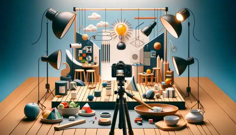 Camera on a tripod capturing a scene with balanced arrangement of objects, leading lines, and contrasting colors to illustrate composition in photography.