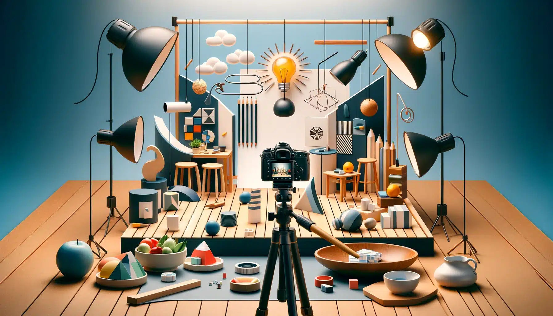 Camera on a tripod capturing a scene with balanced arrangement of objects, leading lines, and contrasting colors to illustrate composition in photography.