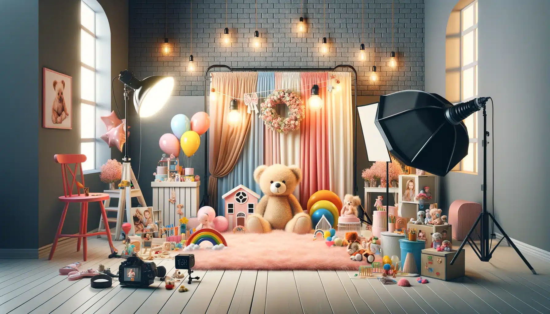 Photography studio setup tailored for child photography with playful props and whimsical backdrop.