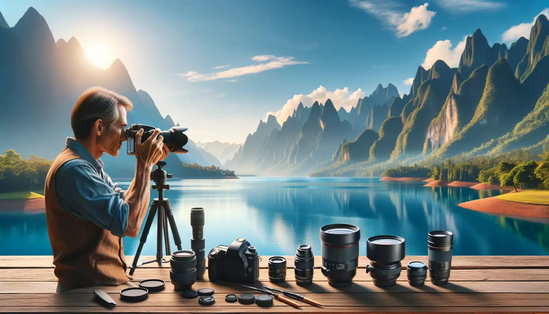 Photographer capturing a scenic mountains and a lake with the Best Landscape Photography Lenses