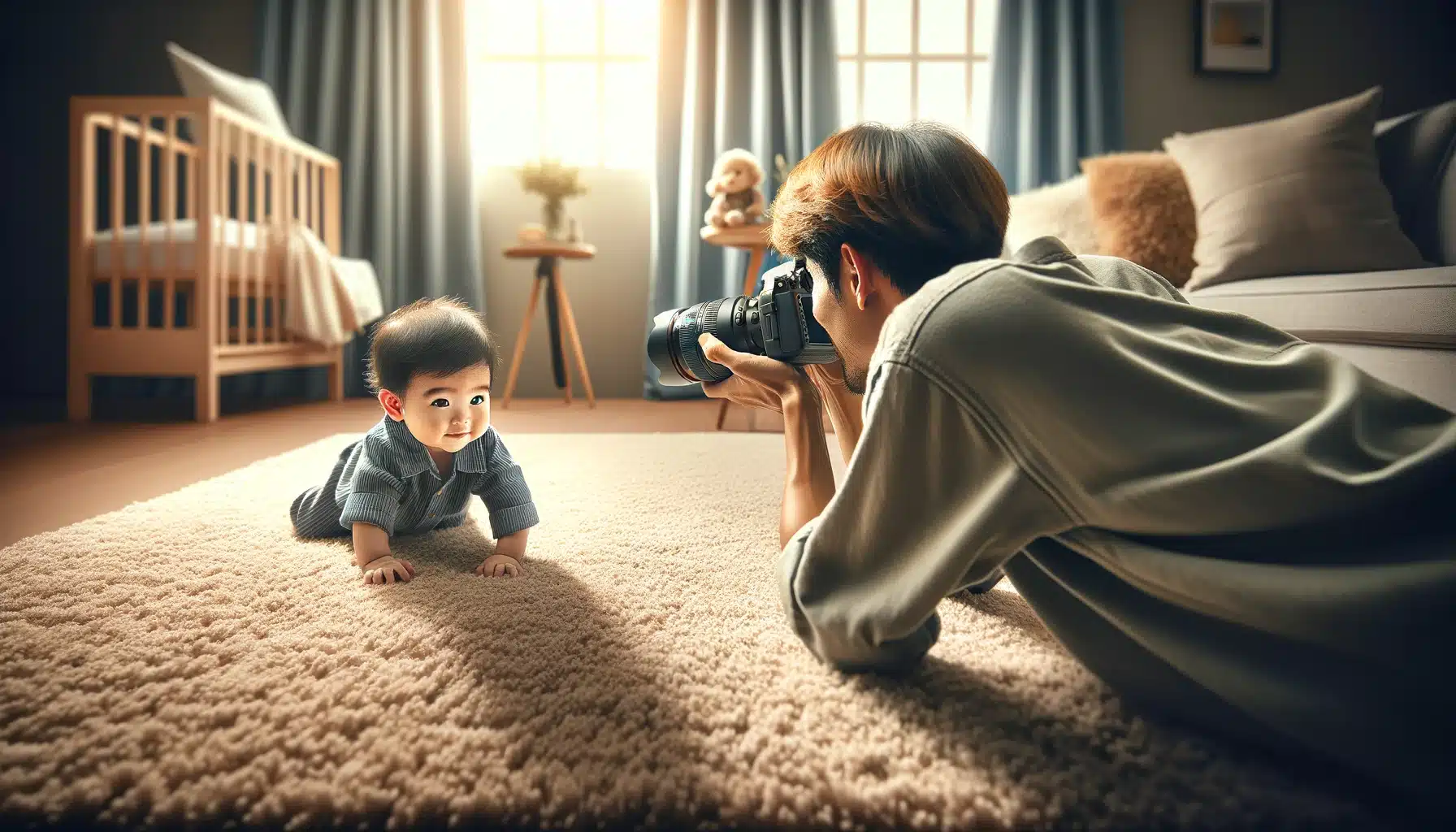 Shooter capturing an adolescence crawling on a carpet in a naturally lit room, highlighting infancy shooting techniques.