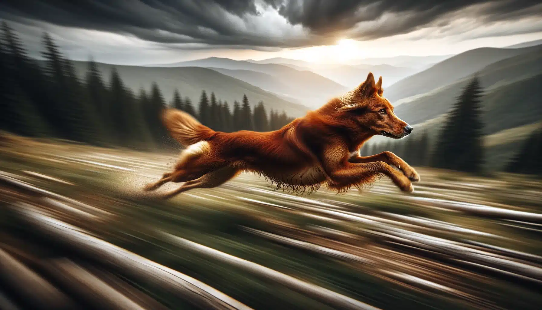 Running dog in sharp focus with a motion-blurred natural background, capturing speed and movement.