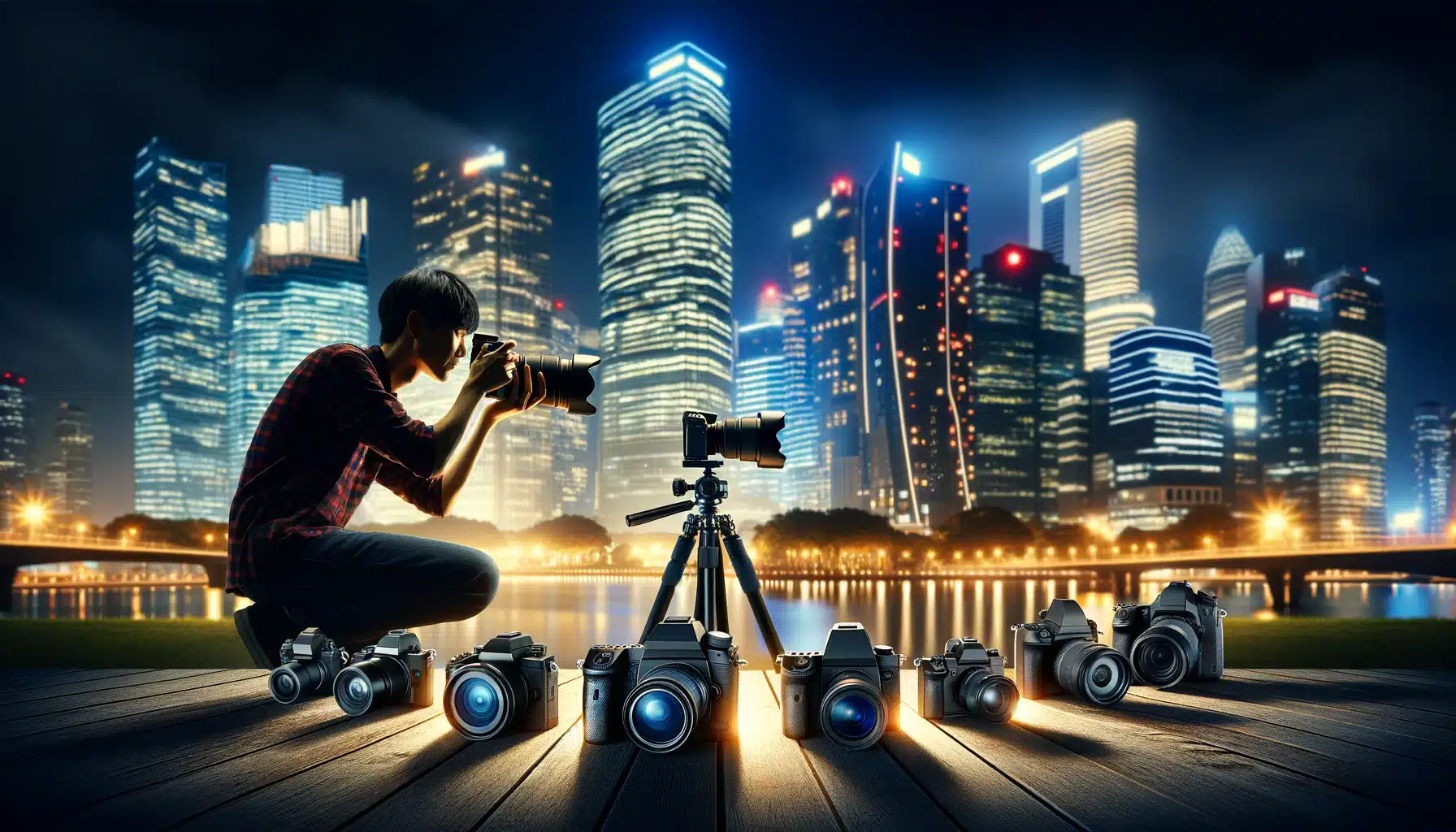 Photographer capturing night-time cityscape with a webcam on a tripod, surrounded by various high-end webcams for comparison.