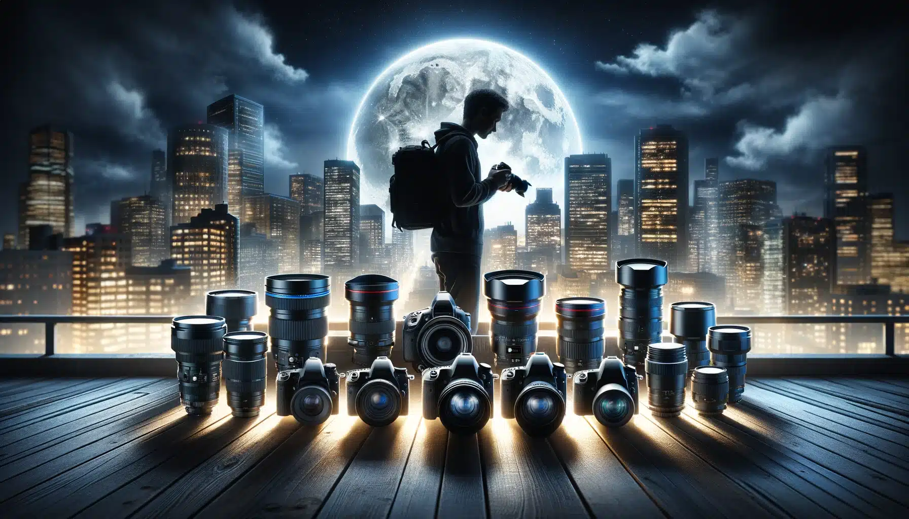 Photographer capturing illuminated buildings at night, surrounded by various professional Camcorders and lenses, showcasing equipment for night photography.