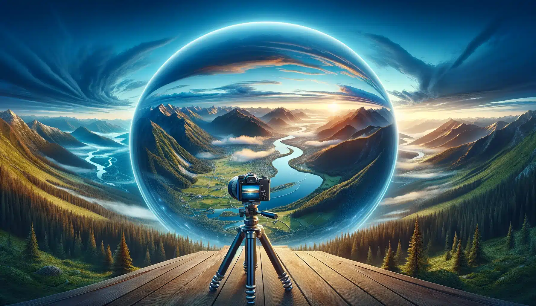 A detailed camera on a tripod captures a 360-degree panoramic view of a landscape with mountains, rivers, and forests under a clear blue sky, illustrating the concept of 360 photography.