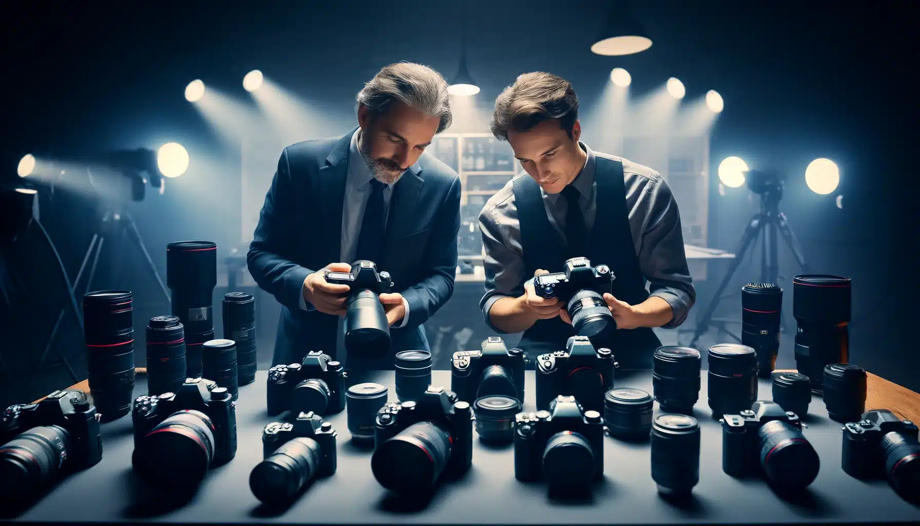 Two photographers evaluating their Camcorders, surrounded by a variety of professional photography equipment in a studio setting.