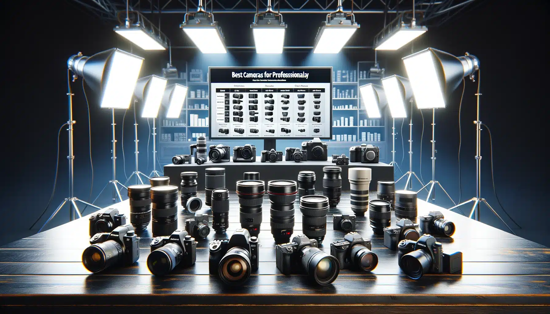 Professional photography studio with various high-end cameras on display and a comparison chart on a monitor, highlighting top choices for professional photography.