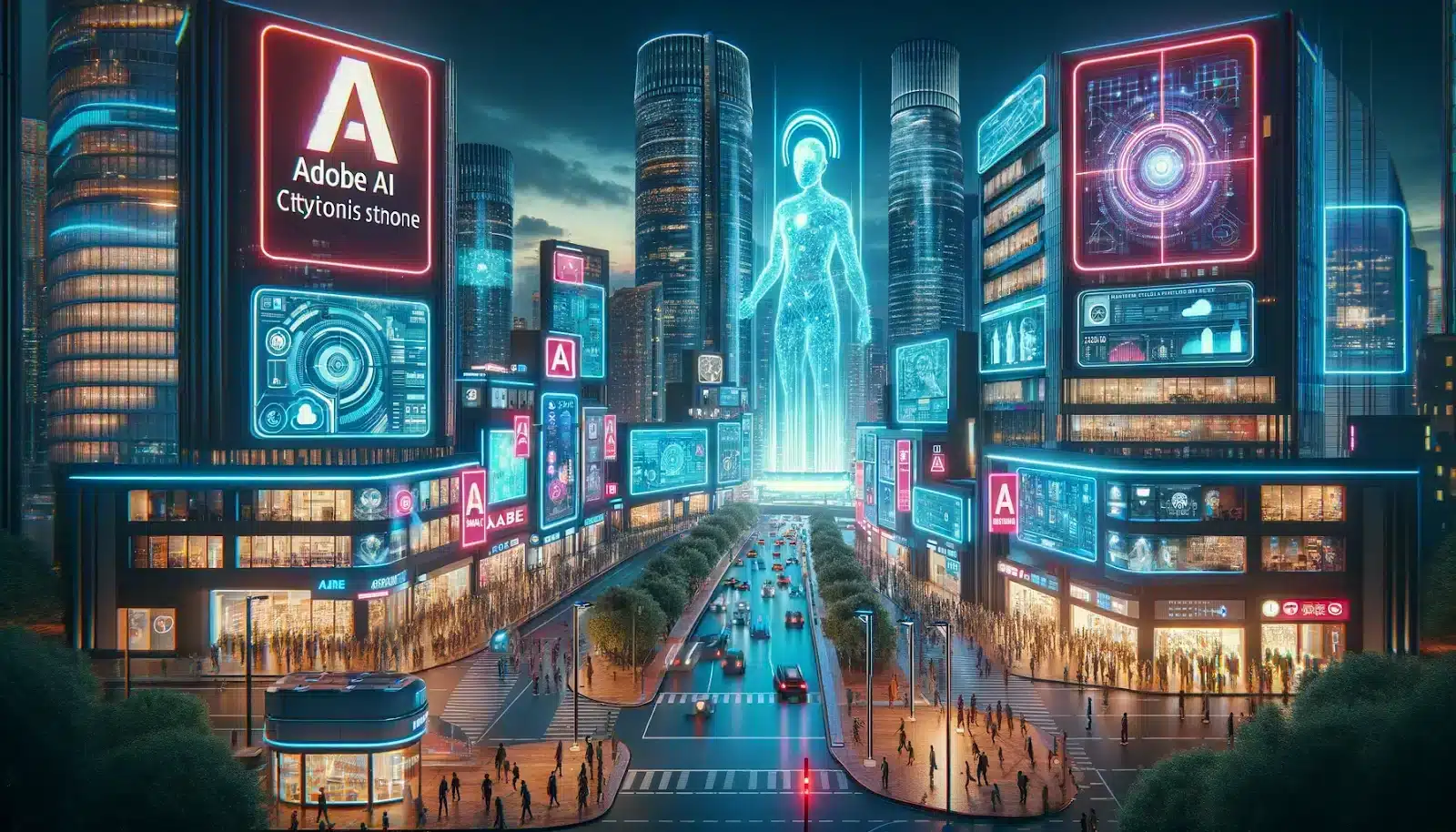 Viibrant with neon lights, showcasing skyscrapers and augmented reality interfaces.
