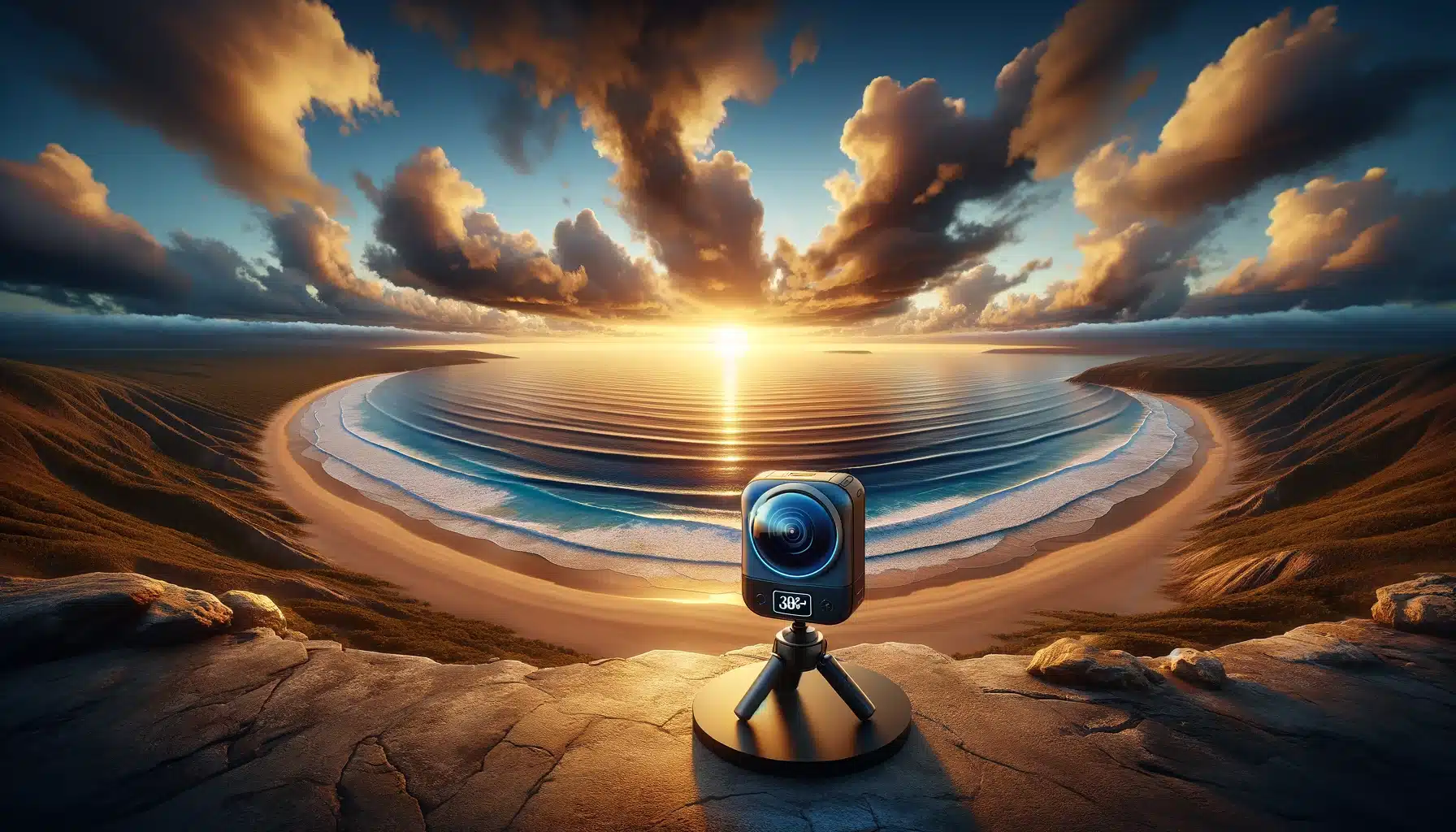 A All-around snapshot camera on a tripod captures a view of a coastal landscape at sunset, with a sandy beach, gentle waves, and a colorful sky.