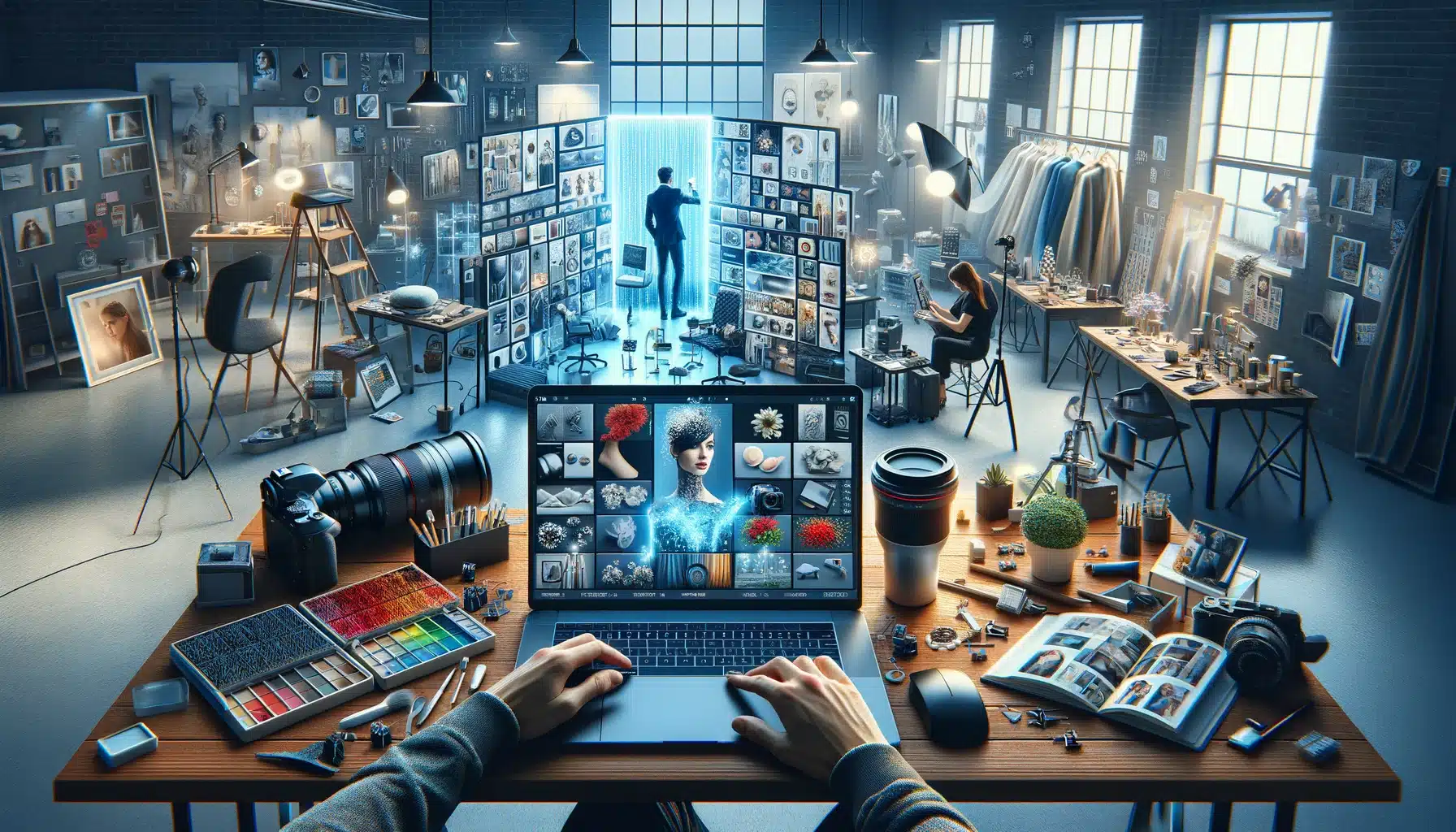 Imagery studio scene with one person working on a laptop and another taking snapshots, surrounded by imaginative snapshot inspirations.